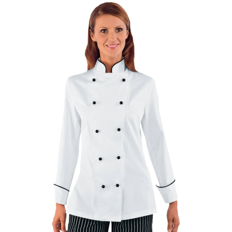Vente de Veste de travail de chef femme blanche avec inserts noir en ligne
