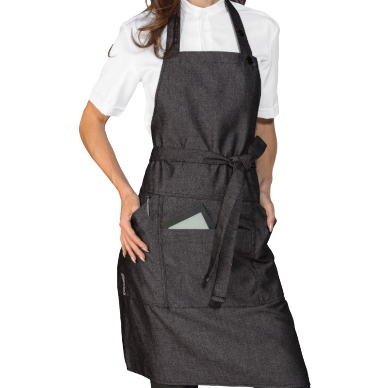 Stain-resistant black apron with bib and crossed straps.