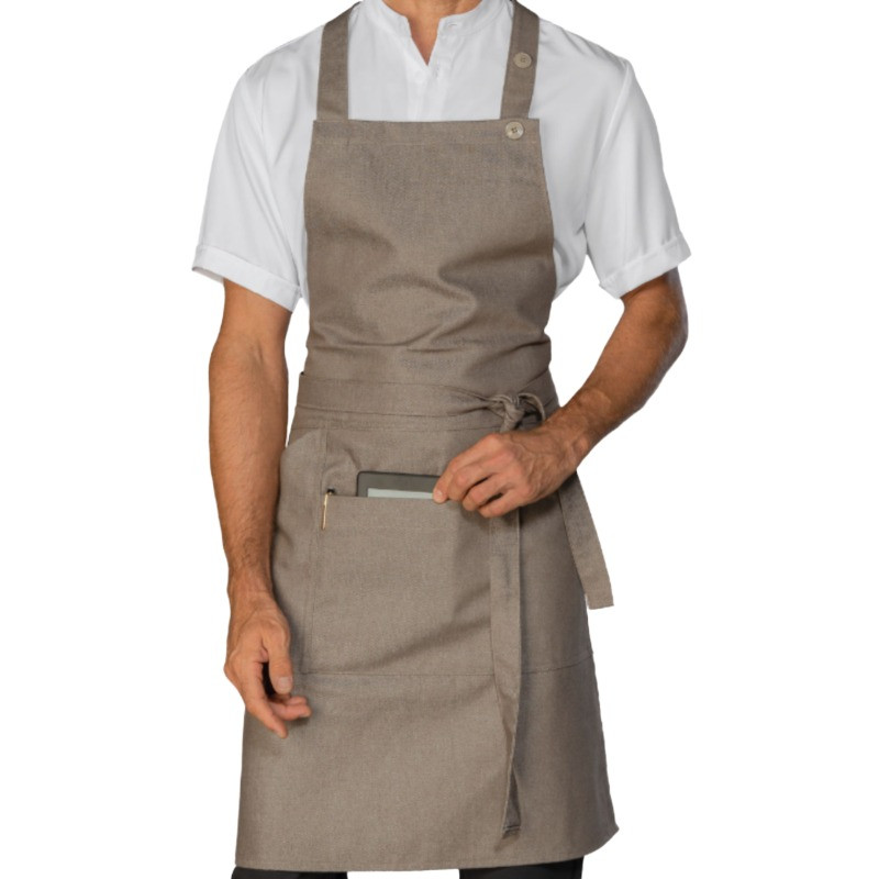 Stain-resistant apron with a mud-colored bib.